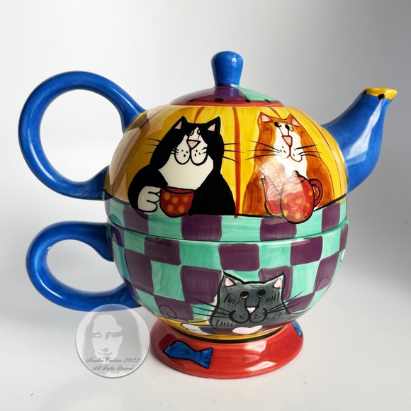 Ceramic Tea Pot Set 3pc Cup Lid Pot Catzilla by Candace Reiter 2001 Cat Lover - Picture 2 of 13